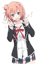 Rule 34 | 1girl, black jacket, blazer, blush, collarbone, double v, hair bun, ixy, jacket, long sleeves, looking at viewer, open clothes, open jacket, open mouth, pink eyes, pink hair, plaid, plaid skirt, red neckwear, red ribbon, ribbon, school uniform, short hair, simple background, single hair bun, skirt, smile, solo, teeth, upper teeth only, v, white background, yahari ore no seishun lovecome wa machigatteiru., yuigahama yui