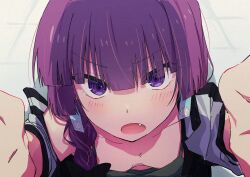 Rule 34 | 1girl, blunt bangs, blush, bocchi the rock!, braid, breasts, collarbone, commentary request, downblouse, dress, earrings, fang, green dress, hair between eyes, highres, hiroi kikuri, jacket, jewelry, lowlifescore, no bra, open mouth, pov, purple eyes, purple hair, reaching, reaching towards viewer, small breasts, solo, spaghetti strap, white jacket