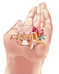 Rule 34 | 1girl, blonde hair, chibi, female focus, flandre scarlet, hat, highres, in palm, jitome, mini person, minigirl, okemai, red eyes, short hair, side ponytail, size difference, solo, solo focus, touhou, wings