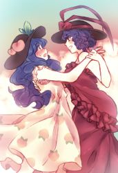 Rule 34 | 2girls, alternate costume, bare arms, blue hair, blush, commentary, dancing, dress, embarrassed, eye contact, female focus, food, frilled dress, frilled sleeves, frills, fruit, fruit print, full-face blush, grin, holding hands, hat, hat ribbon, hinanawi tenshi, hug, leaning, leaning back, looking at another, multiple girls, nagae iku, open mouth, orz (kagewaka), peach, pink dress, purple hair, red dress, ribbon, shy, smile, sweat, touhou, yuri