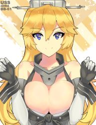 Rule 34 | 10s, 1girl, bare shoulders, blonde hair, breasts squeezed together, breasts, character name, cleavage, commentary request, front-tie top, gloves, headgear, iowa (kancolle), kantai collection, large breasts, long hair, looking at viewer, purple eyes, revision, smile, solo, star-shaped pupils, star (symbol), symbol-shaped pupils, upper body, wrist cuffs, yin2929
