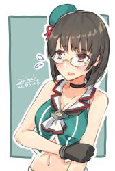 Rule 34 | 1girl, alakoala, alternate hair length, alternate hairstyle, black gloves, black hair, bob cut, breasts, choukai (kancolle), choukai kai ni (kancolle), cleavage, crop top, dated, glasses, gloves, hair ornament, highres, kantai collection, looking to the side, medium breasts, midriff, multicolored background, red eyes, rimless eyewear, signature, sleeveless, solo, upper body, white background