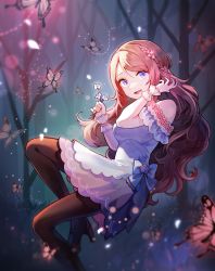 Rule 34 | 1girl, absurdres, black pantyhose, bow, breasts, brown hair, bug, butterfly, dress, floating, forest, from side, happyongdal, highres, indie virtual youtuber, insect, long hair, medium breasts, nature, nina saotome, open mouth, pantyhose, pink butterfly, purple eyes, solo, virtual youtuber, white bow, white dress