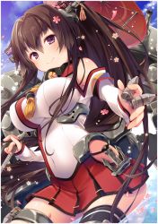 Rule 34 | 10s, 1girl, bare shoulders, between fingers, black thighhighs, blue sky, blush, border, brown hair, cherry blossoms, cloud, covered navel, flower, hair flower, hair intakes, hair ornament, headgear, holding, kantai collection, konomi (kino konomi), long hair, machinery, oil-paper umbrella, partially submerged, purple eyes, single thighhigh, sky, sleeves past wrists, smile, solo, thigh strap, thighhighs, turret, umbrella, very long hair, water, yamato (kancolle)