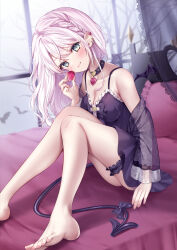 Rule 34 | 1girl, bare legs, barefoot, black bow, black dress, bow, braid, breasts, cleavage, closed mouth, collarbone, commentary, demon tail, dress, ear piercing, earrings, english commentary, fang, fang out, feet, grey eyes, highres, holding, indie virtual youtuber, indoors, jewelry, long hair, looking at viewer, medium breasts, nail polish, on bed, pendant, piercing, pink nails, short dress, single braid, sitting, sleeveless, sleeveless dress, smile, solo, tail, tail bow, tail ornament, thigh strap, toenail polish, toenails, toes, virtual youtuber, white hair, yumeichi shinoa