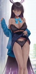Rule 34 | 1girl, absurdly long hair, absurdres, black bra, black panties, blue archive, blue bow, blue bowtie, blue jacket, blue nails, bow, bowtie, bra, breasts, cirilla lin, clothes lift, condom, condom in mouth, condom wrapper, dark-skinned female, dark skin, earrings, hair down, halo, highres, jacket, jewelry, karin (blue archive), large breasts, lifting own clothes, long hair, looking at viewer, mouth hold, no shirt, off shoulder, panties, skirt, skirt lift, solo, strap slip, stud earrings, thighs, underwear, very long hair, yellow eyes