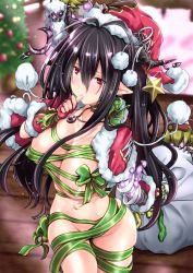 Rule 34 | 10s, 1girl, antenna hair, bandaged arm, bandages, bauble, black hair, blush, breasts, christmas, christmas ornaments, christmas tree, cleavage, covered erect nipples, cowboy shot, crescent, danua, doll, draph, female focus, fingerless gloves, fur trim, gloves, glowing, glowing eyes, granblue fantasy, green ribbon, hair between eyes, hat, holding, horn ornament, horns, indoors, jewelry, kimura neito, large breasts, long hair, looking at viewer, naked ribbon, navel, necklace, pointy ears, pom pom (clothes), red eyes, red gloves, red hat, ribbon, sack, santa costume, santa hat, solo, star (symbol), thumb sucking, wooden floor