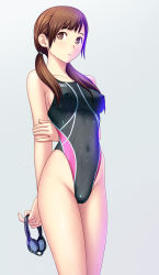 Rule 34 | 1girl, arm behind back, asics, breasts, brown eyes, brown hair, competition swimsuit, covered erect nipples, glowing, goggles, hand on own arm, highleg, highleg swimsuit, highres, kuri (kurigohan), looking away, low twintails, one-piece swimsuit, original, sideboob, skin tight, solo, swimsuit, twintails, wet