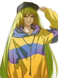 Rule 34 | 1other, adjusting clothes, adjusting headwear, androgynous, baseball cap, contemporary, enkidu (fate), fate/strange fake, fate (series), green hair, hat, hood, hoodie, jacket, long hair, maka (mksrw), other focus, solo, very long hair, yellow eyes, yellow jacket