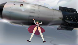 Rule 34 | 1girl, absurdres, arms up, ascot, black panties, bomb, carrying, commentary request, explosive, floating, floating hair, from below, full body, green hair, highres, kazami yuuka, kneehighs, long sleeves, looking at viewer, looking down, nuclear weapon, open clothes, open vest, panties, pantyshot, parted lips, puchikya, red eyes, red skirt, red vest, shirt, shoes, short hair, skirt, skirt set, smile, socks, solo, thighhighs, touhou, underwear, upskirt, vest, white shirt, white socks, white thighhighs, wide shot, wind, wind lift
