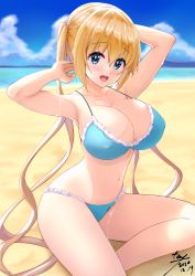 Rule 34 | 1girl, beach, bikini, blend s, blonde hair, blue bikini, blue eyes, blue sky, breasts, collarbone, dated, day, frilled bikini, frills, hair between eyes, highres, hinata kaho, large breasts, long hair, looking at viewer, lotion, navel, ocean, outdoors, sand, signature, sitting, sky, solo, sunscreen, swimsuit, tanityu, twintails, wariza