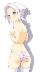 Rule 34 | 1girl, ass, back, braid, breasts, from behind, looking back, nora higuma, panties, pink eyes, single braid, solo, striped clothes, striped panties, thighhighs, topless, underwear, white hair