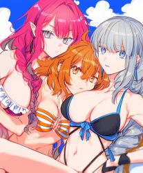 Rule 34 | 3girls, ahoge, baobhan sith (fate), bikini, black bikini, blue eyes, braid, breasts, cleavage, closed mouth, commentary request, fate/grand order, fate (series), frilled bikini, frills, fujimaru ritsuka (female), fujimaru ritsuka (female) (brilliant summer), grey eyes, highres, large breasts, long hair, looking at viewer, medium breasts, morgan le fay (fate), mother and daughter, multiple girls, navel, orange eyes, orange hair, outdoors, pink hair, pointy ears, revision, sidelocks, striped bikini, striped clothes, swimsuit, teeth, uni (nico02)