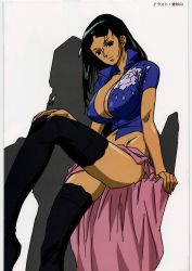 Rule 34 | 1girl, black eyes, black hair, breasts, cleavage, covered erect nipples, glasses, highres, ikazuchi sugiyama, large breasts, leather vest, legs, long hair, looking at viewer, midriff, nico robin, one piece, sarong, shadow, simple background, sitting, skirt, smile, solo, sunglasses, thighhighs, thighs, white background