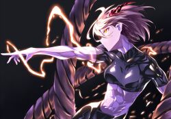 Rule 34 | 1girl, abs, black background, blonde hair, breasts, collarbone, colored skin, glowing, glowing eyes, hayabusa aoi, highres, horns, lightning, medium breasts, muscular, muscular female, original, pointing, pointy ears, purple skin, short hair, single horn, solo, yellow eyes