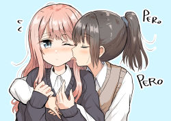 Rule 34 | 2girls, betock, black sweater, blue background, blue eyes, blush, brown hair, brown sweater vest, closed mouth, collared shirt, commentary request, embarrassed, closed eyes, flying sweatdrops, hands up, highres, hug, hug from behind, licking, licking another&#039;s cheek, licking another&#039;s face, long hair, long sleeves, multiple girls, one eye closed, original, pink hair, ponytail, romaji text, school uniform, shirt, simple background, sleeves past wrists, sound effects, sweater, sweater vest, upper body, white shirt, yuri