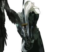 Rule 34 | 1boy, armor, arms behind back, black coat, black gloves, black wings, coat, commentary, facing away, feathered wings, final fantasy, final fantasy vii, gloves, grey hair, hashtag-only commentary, highres, holding, holding behind back, holding sword, holding weapon, katana, long coat, long hair, long sleeves, male focus, pauldrons, sephiroth, shoulder armor, simple background, single wing, solo, sword, weapon, white background, white hair, wings, xscr1205