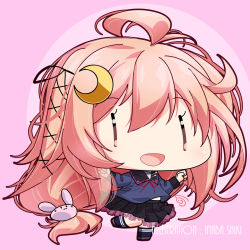 Rule 34 | 1girl, ahoge, artist name, black sailor collar, black skirt, blue shirt, rabbit hair ornament, chibi, commentary request, crescent, crescent hair ornament, full body, hair ornament, hair ribbon, inaba shiki, kantai collection, long hair, low-tied long hair, pink background, pink hair, pleated skirt, red eyes, ribbon, sailor collar, school uniform, serafuku, shirt, skirt, solo, two-tone background, uzuki (kancolle)