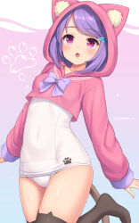 Rule 34 | 1girl, :o, animal ear legwear, animal hood, black thighhighs, blush, bow, bowtie, breasts, covered navel, cropped hoodie, highres, hood, hoodie, long sleeves, medium hair, one-piece swimsuit, original, pink eyes, purple bow, purple bowtie, purple hair, sasaame, small breasts, solo, swept bangs, swimsuit, thighhighs, white one-piece swimsuit