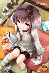 Rule 34 | 1girl, alternate costume, anchor, bag, black hair, blouse, box, breasts, brown eyes, casual, coffee mug, cup, cushion, dog, food, from above, game console, gradient hair, green legwear, grey hair, hair between eyes, hat, headgear, highres, indoors, jewelry, kantai collection, looking at viewer, looking up, mini hat, mug, multicolored hair, music, necklace, nijou katame, nintendo, nintendo switch, popcorn, shirt, short hair, short hair with long locks, shorts, singing, sitting, small breasts, socks, solo, striped clothes, striped legwear, striped socks, table, tatami, tokitsukaze (kancolle), twitter username