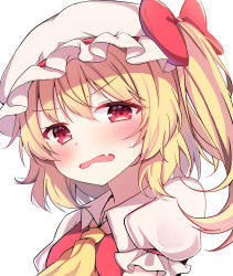 Rule 34 | 1girl, absurdres, ascot, blonde hair, blush, bow, commentary, fang, flandre scarlet, frilled sleeves, frills, hair between eyes, hanen (borry), hat, highres, long hair, looking at viewer, mob cap, one side up, open mouth, puffy short sleeves, puffy sleeves, red bow, red eyes, red vest, shirt, short sleeves, side ponytail, simple background, solo, sweatdrop, touhou, upper body, vest, white background, white hat, white shirt, yellow ascot