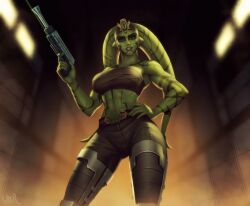 Rule 34 | 1girl, abs, alien, arm tattoo, breasts, brown pants, chest sarashi, colored skin, facial tattoo, green skin, gun, hand on own hip, holding, holding gun, holding weapon, indoors, large breasts, lekku (anatomy), lip ring, looking at viewer, muscular, muscular female, navel, pants, saleen jarvik (ivynotorious), sarashi, shoulder tattoo, solo, star wars, star wars: the old republic, tattoo, twi&#039;lek, ullr, weapon