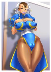 Rule 34 | 1girl, absurdres, breast suppress, breasts, brown eyes, brown hair, bun cover, cameltoe, capcom, china dress, chinese clothes, chun-li, clitoris, condom, condom in mouth, cosine, covered erect nipples, double bun, dress, erect clitoris, hair bun, highres, hip focus, huge breasts, mouth hold, narrow waist, pantyhose, pelvic curtain, solo, source request, street fighter, wide hips