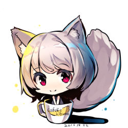 Rule 34 | 1girl, animal ears, bare arms, black dress, blush, chibi, closed mouth, cup, dated, dress, fox ears, fox girl, fox tail, in container, in cup, looking at viewer, original, purple eyes, short hair, silver hair, sleeveless, sleeveless dress, smile, solo, standing, tail, v arms, white background, yuuji (yukimimi)
