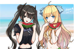 Rule 34 | 2girls, black eyes, black hair, black shirt, blonde hair, blue eyes, blush, breasts, closed mouth, dated, food, fruit, girls&#039; frontline, hair between breasts, hair ribbon, highres, holding, holding food, holding fruit, jashin-chan, jashin-chan dropkick, long hair, looking at viewer, medium breasts, multiple girls, naked shirt, navel, open mouth, ouroboros (girls&#039; frontline), ribbon, sakatakin, sangvis ferri, shirt, simple background, smile, twintails, upper body, watermelon