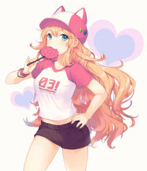 Rule 34 | 1girl, animal hat, badge, baseball cap, blonde hair, blush, bracelet, brown shorts, candy, casual, cat hat, clothes writing, copyright name, cowboy shot, eating, food, hand on own hip, hat, heart, holding, holding food, jewelry, lollipop, long hair, looking at viewer, nagu, pink hat, raglan sleeves, redrawn, revision, seeu, short sleeves, shorts, signature, smiley face, solo, standing, sweatband, tareme, thighs, very long hair, vocaloid, wavy hair