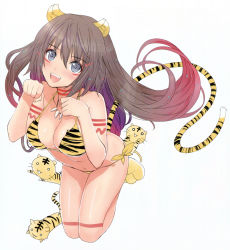 Rule 34 | 1girl, :d, animal ears, artist name, bikini, blue eyes, breasts, brown hair, cat ears, cat tail, cleavage, collarbone, floating hair, grey eyes, hair between eyes, highres, jewelry, kneeling, large breasts, long hair, multicolored hair, navel, necklace, open mouth, original, paw pose, purple hair, red hair, shiny skin, smile, solo, stomach, swimsuit, tail, tiger ears, tiger tail, tony taka