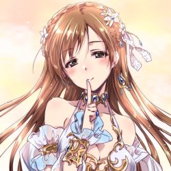 Rule 34 | 1girl, armband, blue dress, blue eyes, blue sleeves, braid, breasts, brown hair, cleavage, closed mouth, commentary, crown braid, detached sleeves, dress, earrings, finger to mouth, flower, frilled armband, frilled sleeves, frills, hair flower, hair ornament, half-closed eyes, highres, idolmaster, idolmaster cinderella girls, idolmaster cinderella girls starlight stage, jewelry, kuroi mimei, light particles, long hair, looking at viewer, medium breasts, nitta minami, shushing, smile, solo, torc