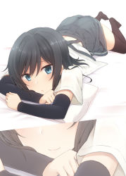 Rule 34 | 1girl, arm warmers, asashio (kancolle), black hair, black skirt, black thighhighs, blue eyes, blush, closed mouth, highres, kantai collection, lips, long hair, looking at viewer, lying, multiple views, nagami yuu, non-web source, on stomach, open clothes, open shirt, pleated skirt, pursed lips, shirt, short sleeves, sidelocks, skirt, smile, suspender skirt, suspenders, swept bangs, thighhighs, unbuttoned, unbuttoned shirt, white shirt
