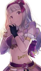 Rule 34 | 1girl, 2017, armband, dated, gloves, hair ornament, headband, idolmaster, idolmaster (classic), long hair, midriff, mimizubare, own hands clasped, own hands together, red eyes, shijou takane, sidelocks, silver hair, simple background, single glove, skirt, smile, solo