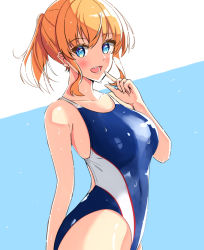 Rule 34 | 1girl, blonde hair, blue eyes, blue one-piece swimsuit, breasts, competition swimsuit, cowboy shot, looking at viewer, medium breasts, multicolored background, one-piece swimsuit, original, ponytail, short hair, solo, swimsuit, toyomi 13, wet, wet clothes, wet swimsuit