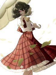 Rule 34 | 1girl, absurdres, ascot, buttons, collared shirt, commentary request, frilled shirt collar, frilled skirt, frills, highres, holding, holding umbrella, juliet sleeves, kazami yuuka, long skirt, long sleeves, looking at viewer, mo (mokatampe), parasol, petals, plaid, plaid skirt, plaid vest, puffy sleeves, red eyes, red skirt, red vest, shirt, short hair, simple background, skirt, smile, solo, standing, touhou, umbrella, vest, white background, white shirt, wing collar, yellow ascot