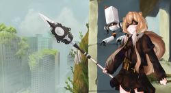 Rule 34 | 1girl, animal ear fluff, animal ears, ayunda risu, black jacket, black skirt, blindfold, blush, breasts, building, commentary, english commentary, highres, holding, holding lance, holding polearm, holding weapon, hololive, hololive indonesia, jacket, lance, looking up, neriko, nier:automata, nier (series), pod (nier:automata), polearm, robot, ruins, scenery, skirt, small breasts, solo, squirrel ears, squirrel girl, twintails, virtual youtuber, weapon