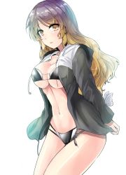 Rule 34 | 1girl, alternate costume, arms at sides, bikini, black bikini, blonde hair, blush, breasts, brown eyes, cleavage, commentary request, cowboy shot, drawstring, from side, gradient hair, highres, hijiri byakuren, hood, hoodie, large breasts, long hair, long sleeves, looking at viewer, looking to the side, multicolored hair, navel, open clothes, open hoodie, parted lips, purple hair, simple background, solo, stomach, swimsuit, touhou, underboob, white background, y2