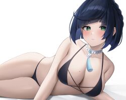 Rule 34 | 1girl, :/, absurdres, alternate costume, bare arms, bare shoulders, beads, bikini, black bikini, blue hair, blush, braid, breasts, choker, closed mouth, collarbone, cross-laced clothes, dark blue hair, diagonal bangs, dice, genshin impact, halterneck, highres, large breasts, looking at viewer, lying, mole, mole on breast, neck tassel, on side, short hair, simple background, solo, string bikini, swimsuit, thighs, tsubaki 0317, white background, white choker, yelan (genshin impact)