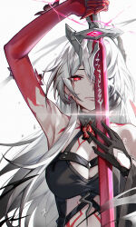 Rule 34 | 1girl, absurdres, acheron (honkai: star rail), arm up, armpits, black choker, black gloves, blood, bloody tears, breasts, choker, cleavage, commentary request, gloves, grey hair, hair ornament, highres, holding, holding sword, holding weapon, honkai: star rail, honkai (series), katana, looking at viewer, official alternate color, red eyes, simple background, snozaki, solo, sword, upper body, weapon, white background