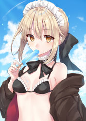 Rule 34 | 1girl, artoria pendragon (alter swimsuit rider) (fate), artoria pendragon (alter swimsuit rider) (second ascension) (fate), artoria pendragon (fate), artoria pendragon (lancer alter) (fate), bare shoulders, bikini, black bikini, black bow, black ribbon, blonde hair, blue sky, blush, bow, braid, breasts, breasts apart, brown eyes, cloud, commentary, contrail, day, eating, fate/grand order, fate (series), food, food on body, food on breasts, frilled bikini, frills, hair bow, holding, holding food, long sleeves, looking at viewer, maid headdress, nazuna shizuku, neck garter, neck ribbon, off shoulder, open clothes, outdoors, popsicle, ribbon, short hair, sidelocks, sky, small breasts, solo, string bikini, swimsuit, upper body