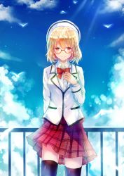 Rule 34 | 1girl, arm behind back, bad id, bad pixiv id, black thighhighs, blazer, blonde hair, blue sky, bow, bowtie, braid, cloud, cowboy shot, day, dress shirt, glasses, hat, highres, iceblue, jacket, looking at viewer, miniskirt, original, outdoors, pleated skirt, red-framed eyewear, red bow, red eyes, red skirt, rooftop, school uniform, shirt, short hair, single braid, skirt, sky, smile, solo, standing, thighhighs, white hat, white jacket, white shirt, zettai ryouiki