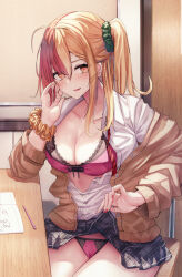 Rule 34 | 1girl, blonde hair, blush, bra, breasts, cameltoe, chair, cleavage, clothes lift, collarbone, commentary request, desk, green scrunchie, hair ornament, hair scrunchie, highres, indoors, large breasts, lifting own clothes, liya, long hair, long sleeves, looking at viewer, multicolored hair, nail polish, orange eyes, original, panties, parted lips, pink bra, pink panties, red hair, red nails, scrunchie, shirt, side ponytail, sitting, skirt, skirt lift, smile, solo, two-tone hair, underwear, white shirt