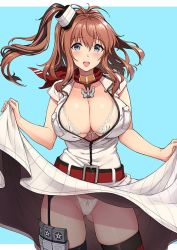 Rule 34 | 10s, 1girl, anchor, belt, belt buckle, blouse, blue background, blue eyes, blush, border, bra, breast pocket, breasts, brown hair, buckle, cleavage, clothes lift, collarbone, dress, dress lift, funnel, garter straps, gluteal fold, hair between eyes, kantai collection, kekocha, large breasts, long hair, looking at viewer, magazine (weapon), neckerchief, open clothes, open mouth, open shirt, outside border, panties, pocket, red belt, red neckerchief, red thighhighs, saratoga (kancolle), shirt, short sleeves, side ponytail, simple background, smile, smokestack, solo, thigh strap, thighhighs, thong, underwear, white border, white bra, white panties