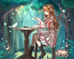 Rule 34 | 1girl, ahoge, bird, book, boots, braid, brown footwear, brown hair, chibi-moth, closed mouth, commentary, cup, dappled sunlight, day, dress, expressionless, eyelashes, floating hair, flower, forest, frilled dress, frilled sleeves, frills, from side, full body, grass, green eyes, hair between eyes, hair flower, hair ornament, hand up, highres, holding, holding cup, ice (icepuli), juliet sleeves, kanbe kotori, kazamatsuri institute high school uniform, knees together feet apart, light particles, light rays, long hair, long sleeves, nature, nose, on chair, open book, outdoors, pink dress, pink flower, puffy sleeves, red ribbon, rewrite, ribbon, school uniform, sidelocks, sitting, solo, sunlight, table, teacup, tree, twin braids, wavy hair, white bird, wide sleeves