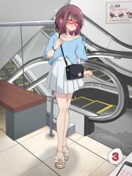 Rule 34 | 1girl, arm at side, artist name, bag, bench, blue shirt, blush, bracelet, cellphone, clenched hand, clothes writing, collarbone, drooling, embarrassed, escalator, female focus, flat chest, full body, glasses, hand up, handbag, highres, holding strap, indoors, japanese text, jewelry, kakuremino7928, legs, legs together, looking to the side, looking up, miniskirt, nail polish, nose blush, one eye closed, open mouth, orange eyes, original, phone, pink nails, pleated skirt, public indecency, purple hair, pussy juice, raised eyebrows, red-framed eyewear, remote control vibrator, saliva, sandals, semi-rimless eyewear, sex toy, shirt, shirt tucked in, short hair, short sleeves, shoulder bag, sidelocks, sign, signature, skirt, smartphone, solo, speech bubble, stairs, standing, sweat, tears, tile floor, tiles, toenail polish, toenails, translation request, trembling, twitter username, vibrator, vibrator under clothes, white footwear, white skirt, wince