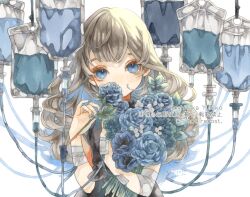 Rule 34 | 1girl, 2023, artist name, bandaged arm, bandages, blue eyes, blue flower, blue nails, blue rose, bouquet, brown hair, covered mouth, dated, dress, flower, hands up, highres, holding, holding bouquet, holding flower, intravenous drip, long hair, looking at viewer, nail polish, original, rose, signature, sleeveless, solo, traditional media, upper body, watermark, white background, yoshitaka a3