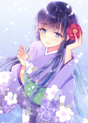 Rule 34 | 1girl, black hair, closed mouth, commentary request, floral print, flower, hair flower, hair ornament, hands up, japanese clothes, kimono, light blush, long hair, long sleeves, looking at viewer, nagidango, original, purple eyes, purple kimono, red flower, smile, solo, wide sleeves