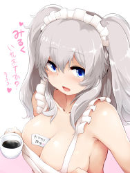 Rule 34 | 10s, 1girl, :d, apron, between breasts, blue eyes, blush, breasts, coffee, collarbone, commentary request, cup, eyebrows, frills, from above, gradient background, grey hair, hair between eyes, heart, highres, holding, holding cup, kantai collection, kashima (kancolle), large breasts, long hair, looking at viewer, maid headdress, mizuyan, naked apron, open mouth, paper, pink background, shiny skin, sideboob, smile, solo, steam, sweat, translation request, two-tone background, two side up, upper body, white apron, white background