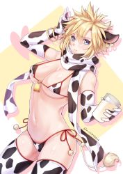 Rule 34 | 1girl, animal ears, animal print, arm up, bare shoulders, bell, bikini, black bikini, black gloves, black scarf, black thighhighs, blonde hair, blue eyes, blush, bottle, bracelet, breasts, cleavage, closed mouth, cloud strife, commentary request, cow ears, cow girl, cow horns, cow print, cow print bikini, cowbell, cowboy shot, cup, dutch angle, elbow gloves, final fantasy, final fantasy vii, genderswap, genderswap (mtf), glass, gloves, gold bracelet, groin, hana dji, hand up, heart, holding, holding cup, horns, jewelry, large breasts, looking at viewer, milk, milk bottle, multicolored clothes, navel, print bikini, scarf, short hair, skindentation, solo, stomach, swimsuit, thighhighs, twitter username, white background, white bikini, white gloves, white scarf, white thighhighs, yellow background